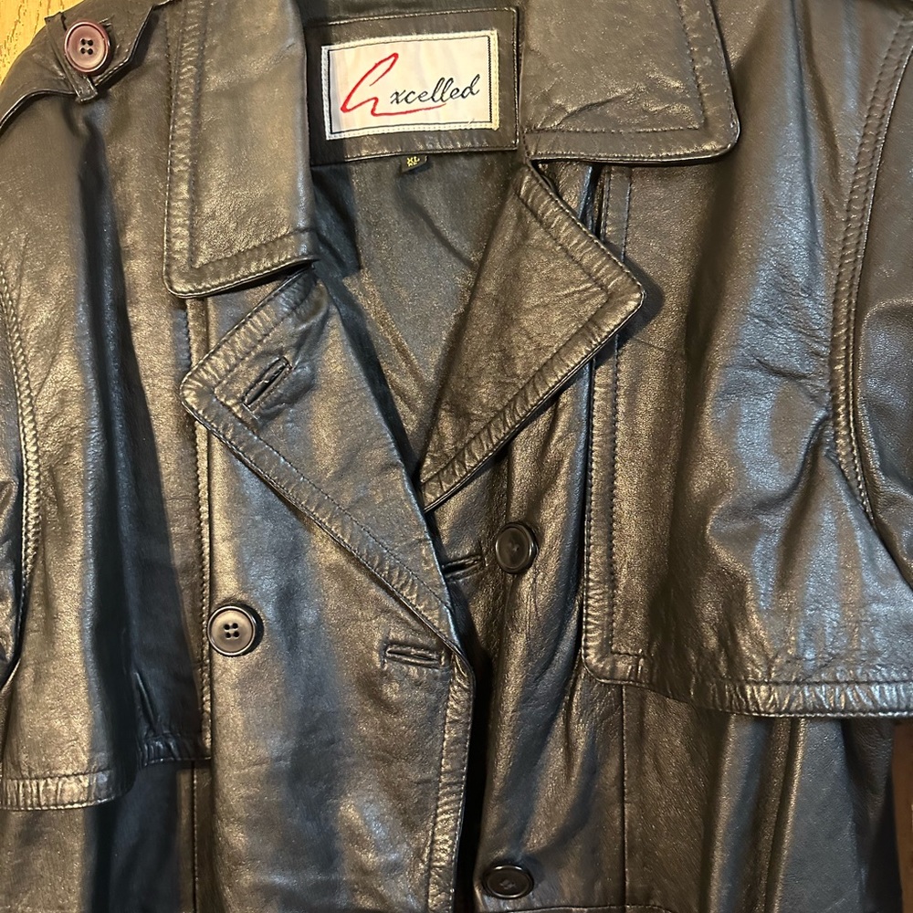 Leather trench coat size XL, black double breasted.
